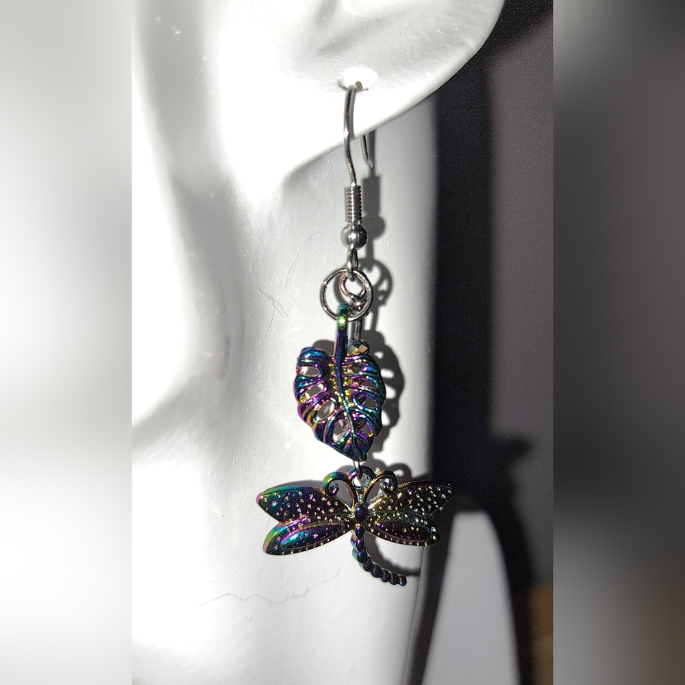 Iridescent Rainbow Titanium Plated Dragonfly Dangle Earrings